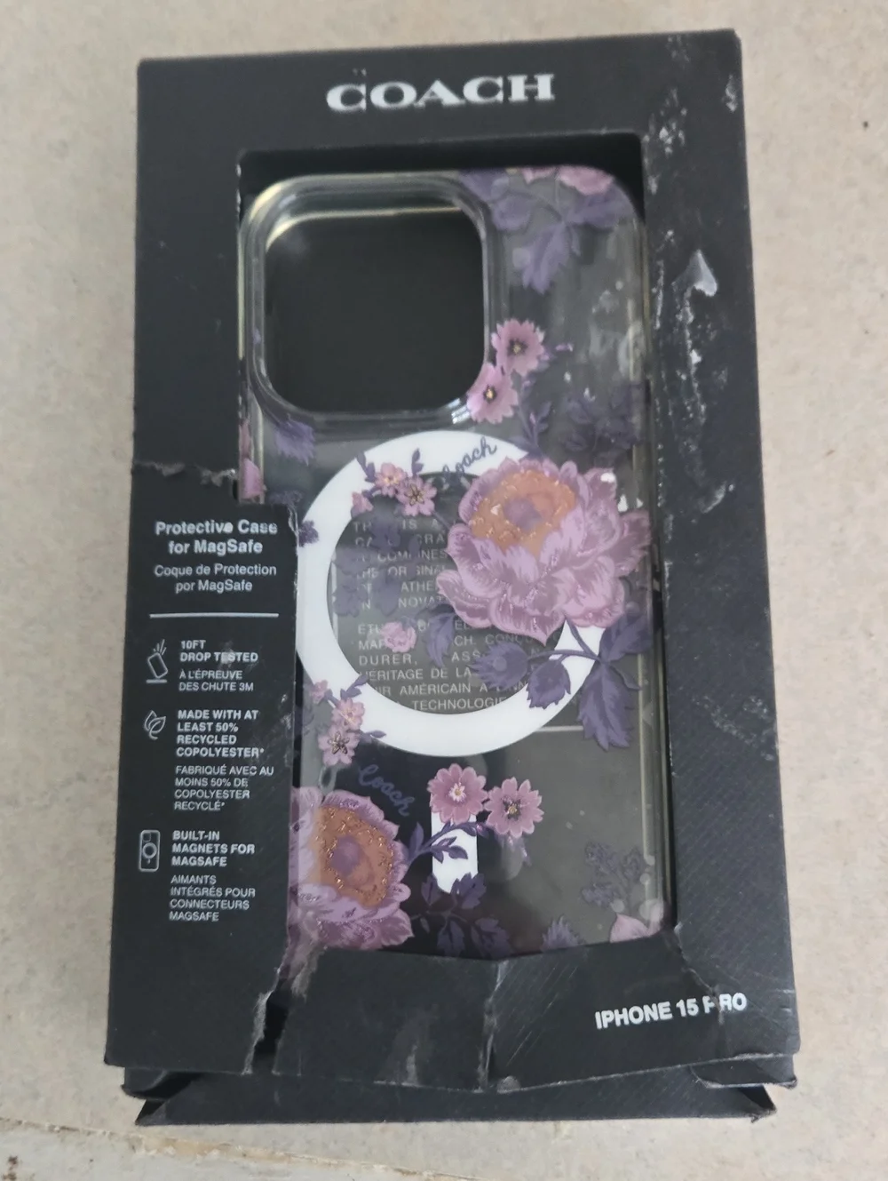 COACH Purple Floral iPhone 15 Pro MagSafe Case New In Box But Ripped Package